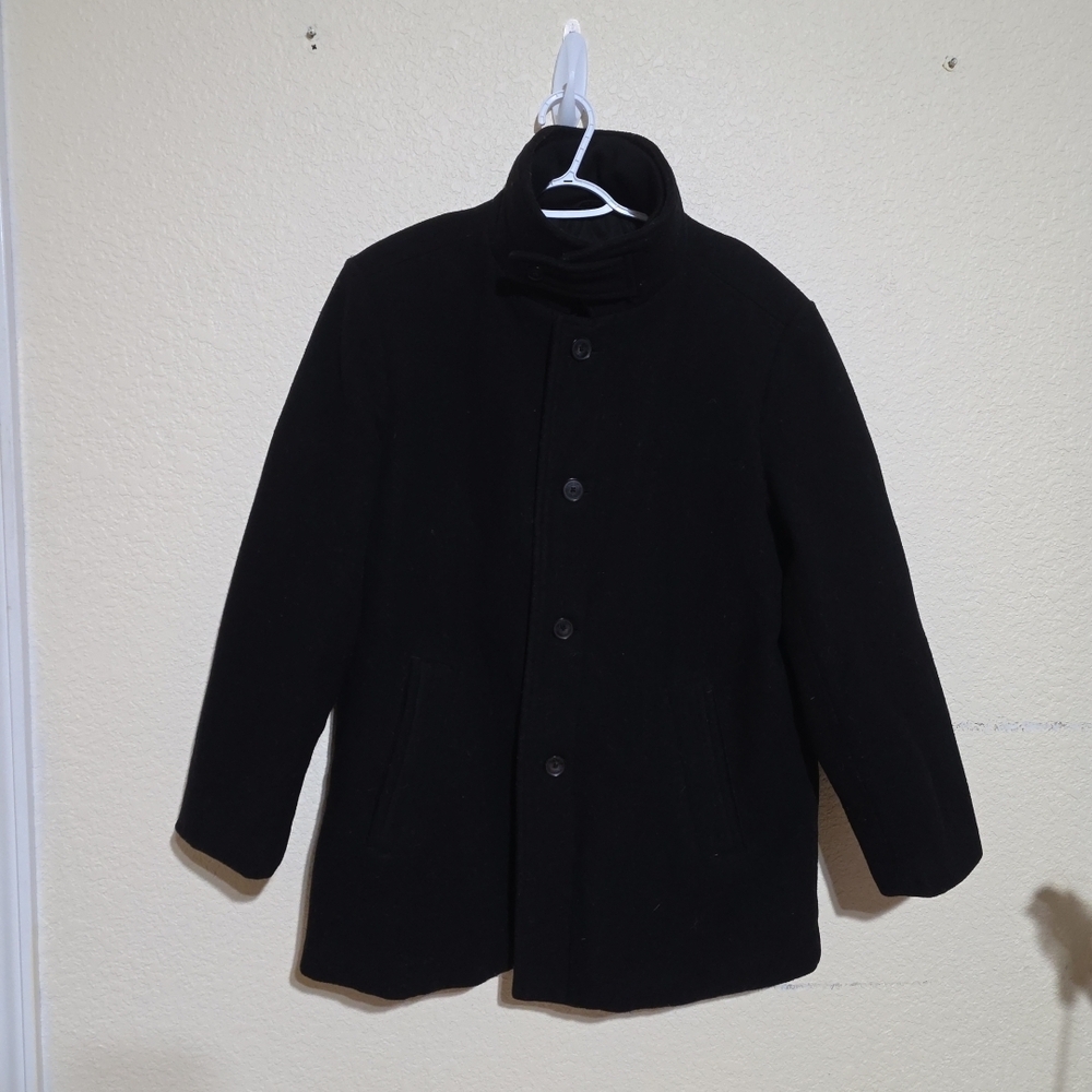 Calvin Klein Coat Wool Black Collared Bib Buttons/zip Quilted Lined Size 42R